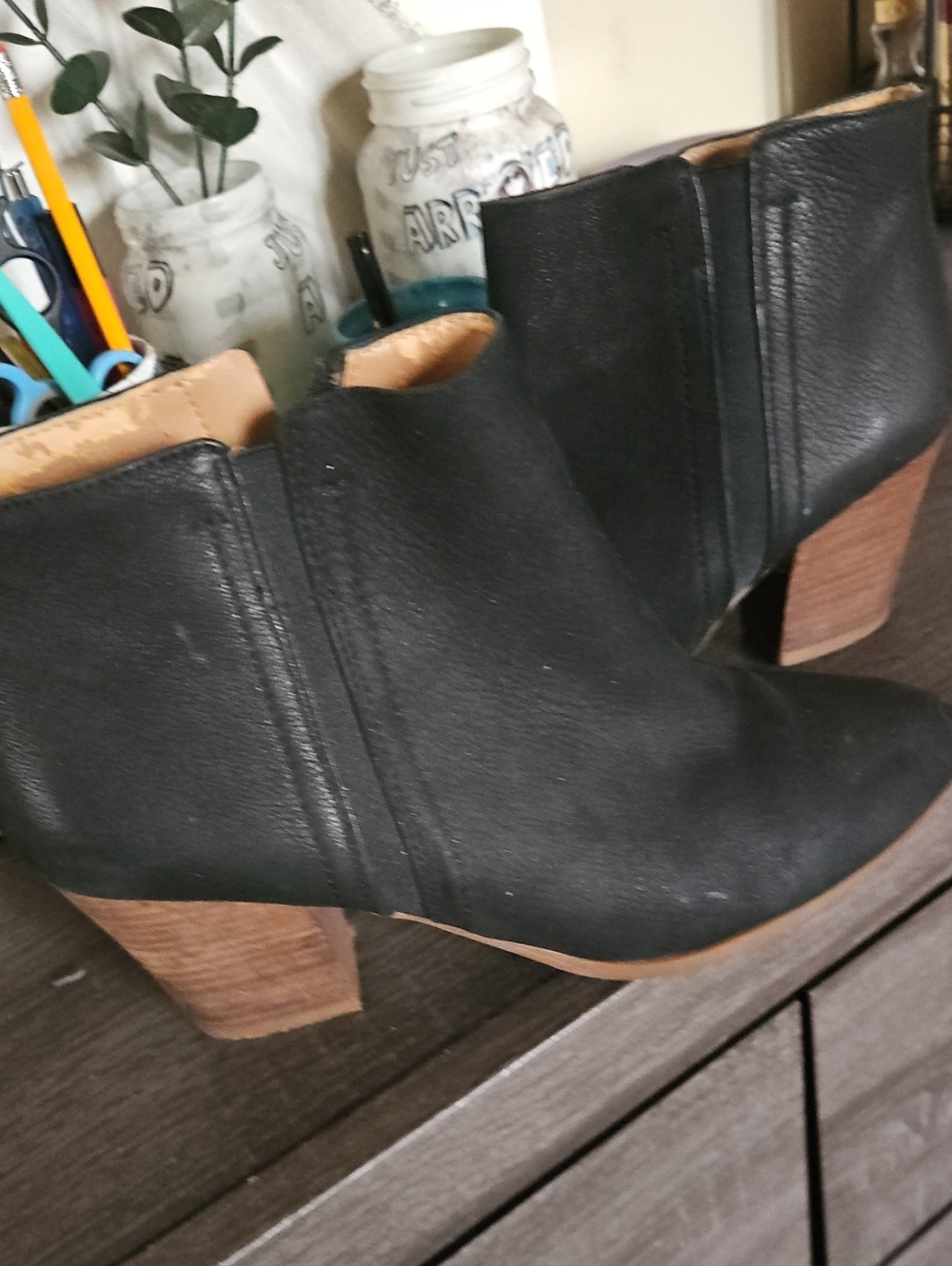 Black Leather Ankle Booties with Wood Block Heel